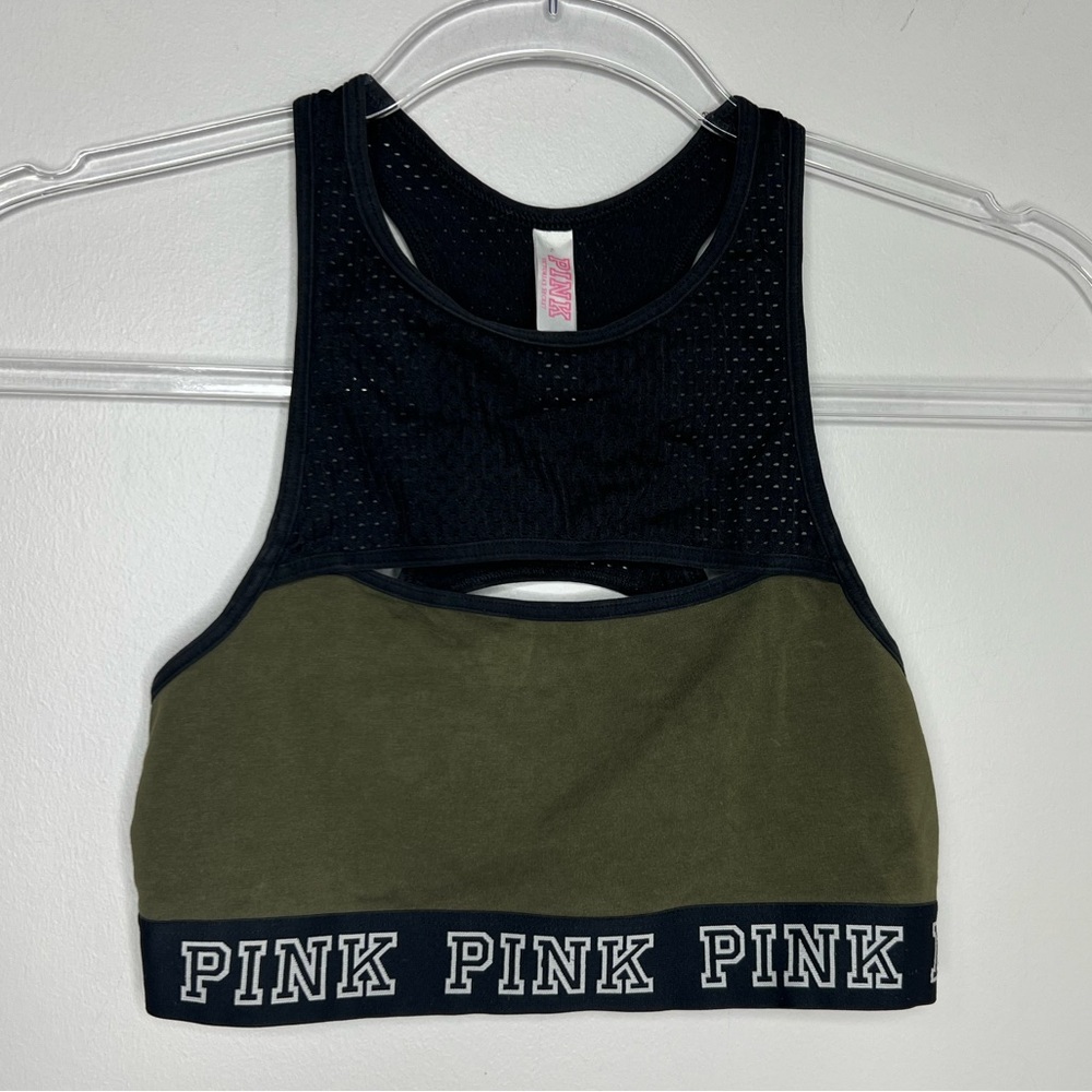 Victoria’s Secret PINK high neck sports bra. Mesh. Green/black. Size Medium. - Picture 3 of 4